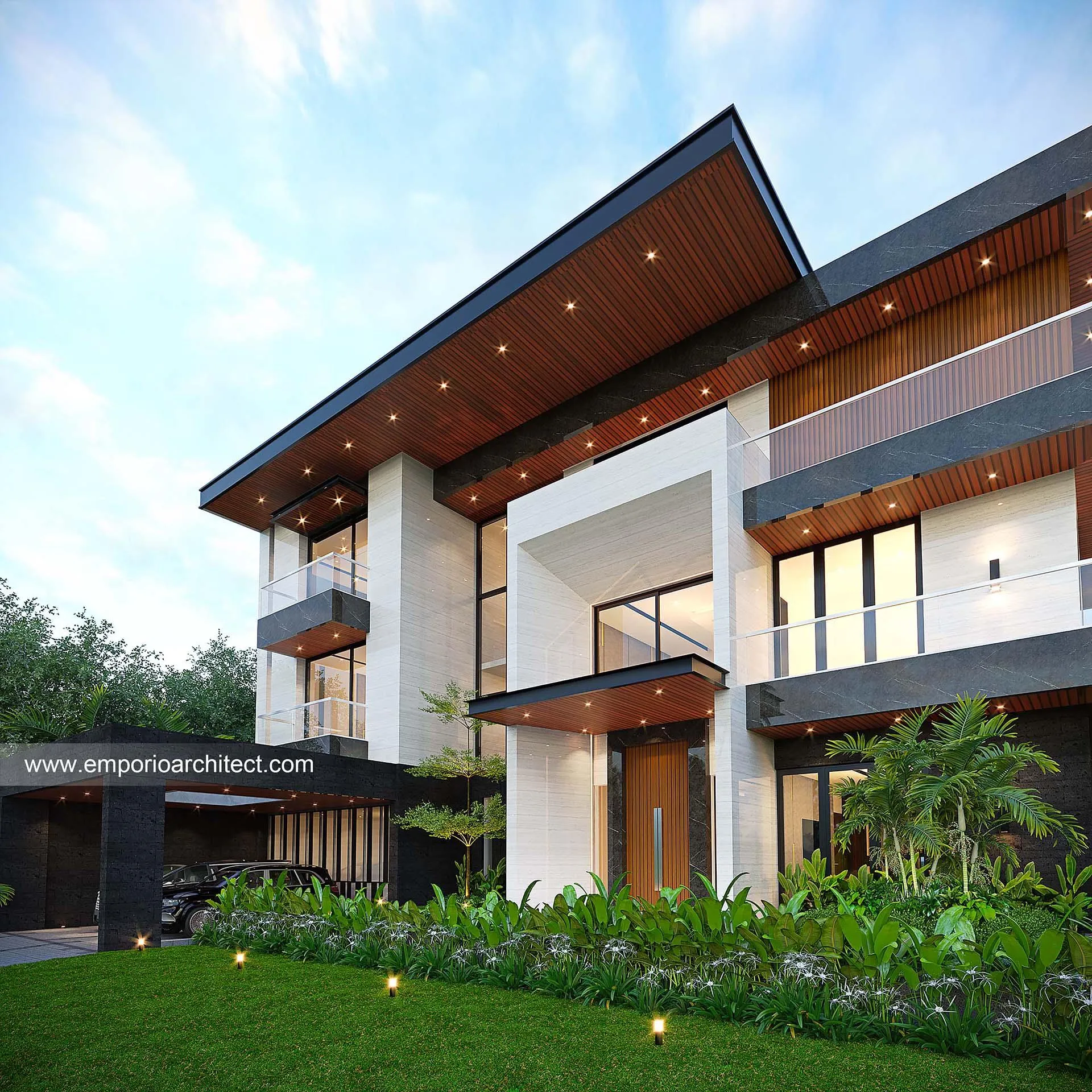 Tampak depan rumah minimalis modern dengan dinding batu alam dan elemen kayu, dikelilingi tanaman hijau rimbun.