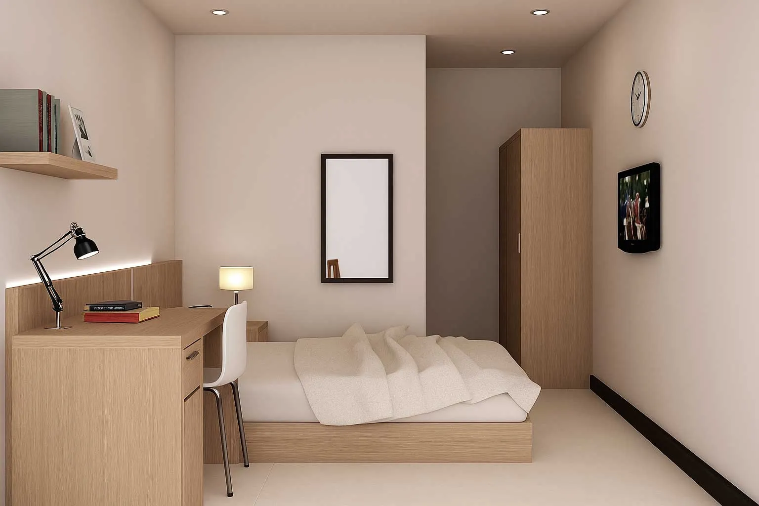 Interior kamar kost yang nyaman dengan kasur, meja belajar, dan lemari pakaian
