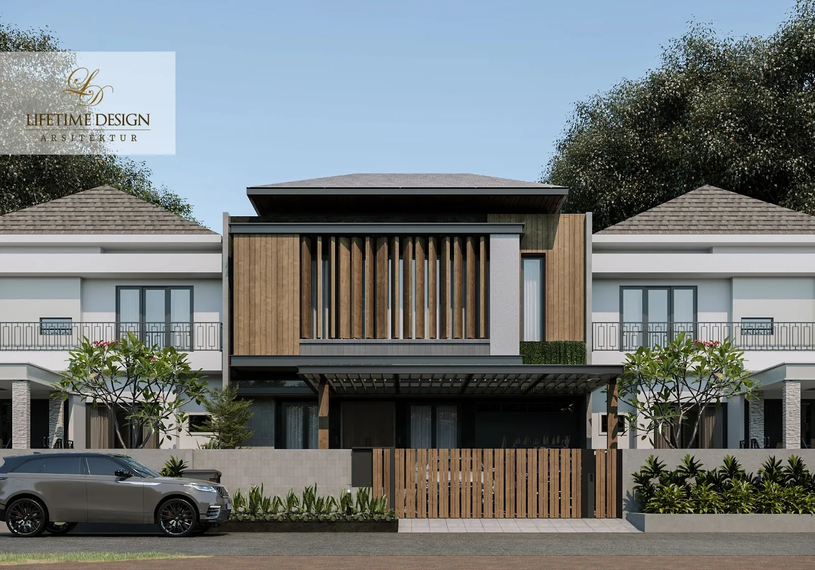 Contoh desain fasad rumah cluster minimalis modern di Bogor dengan taman kecil di depan