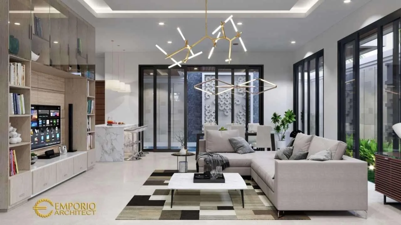 Interior ruang keluarga di rumah modern dengan teknologi smart home, menampilkan layar sentuh di dinding untuk mengontrol pencahayaan dan suhu