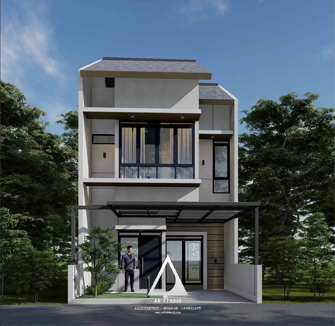 Fasad rumah 2 lantai modern minimalis di Bogor dengan balkon luas dan taman depan yang terawat