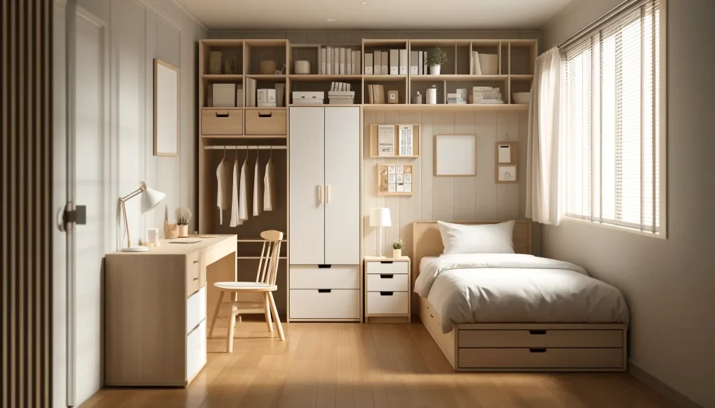 Interior kamar kost yang rapi dan modern dengan furnitur minimalis dan pencahayaan hangat